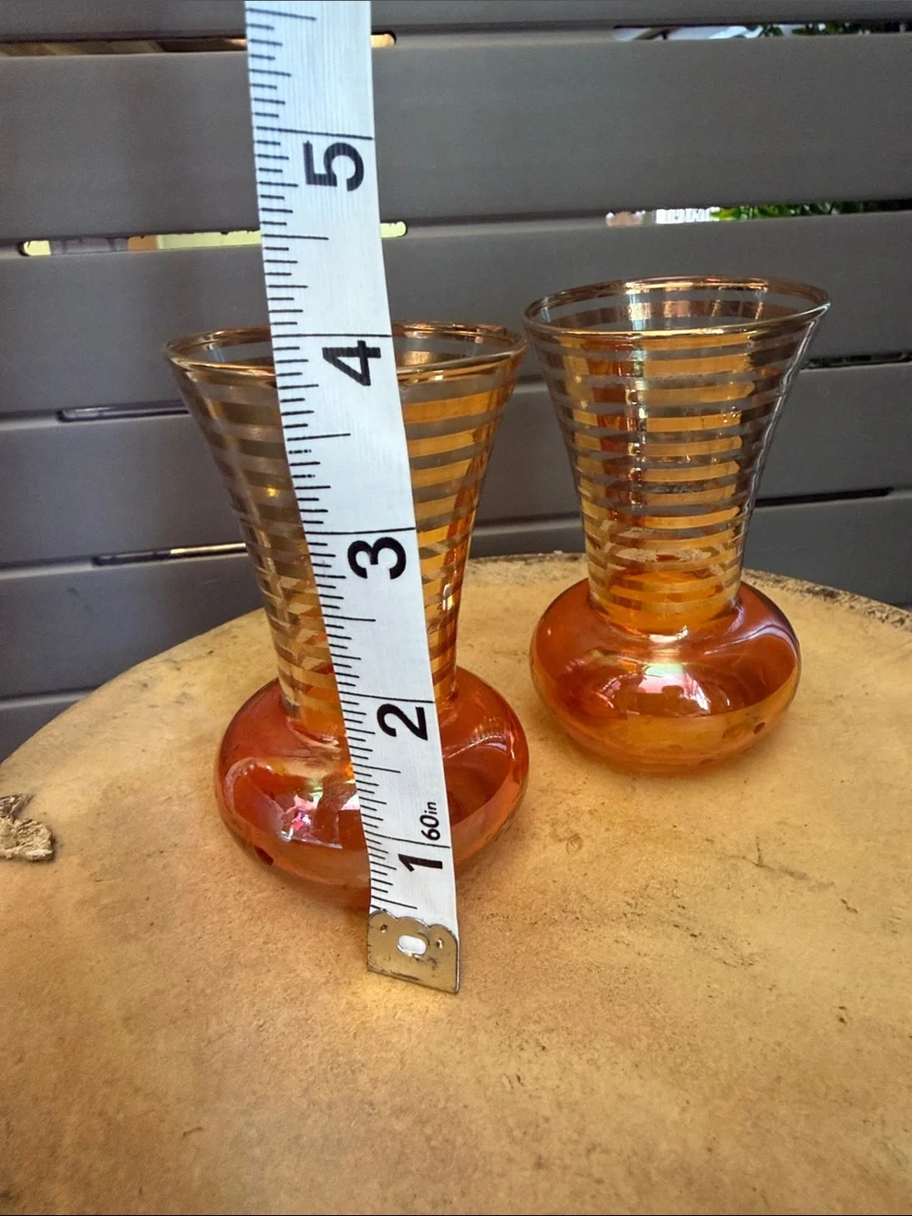 Vintage Bartlett Collins marigold iridescent carnival glass bud vases
